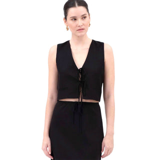 Black V Neck Front Tie Cropped Vest