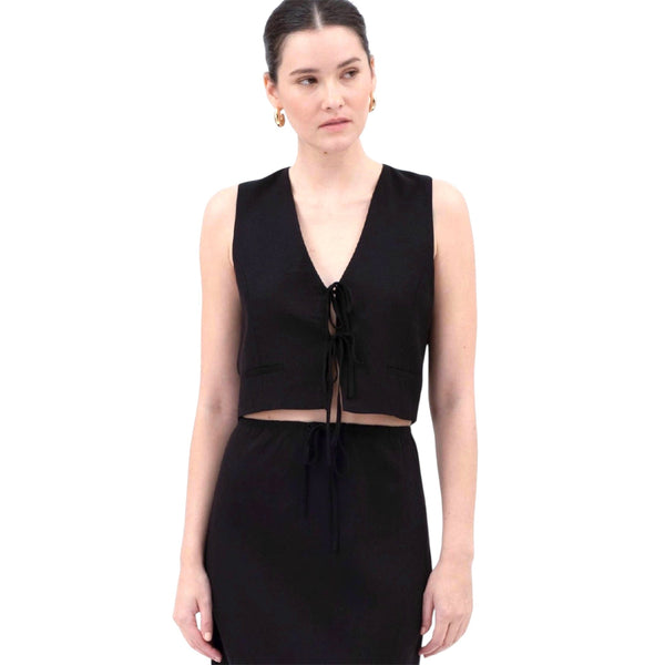 Black V Neck Front Tie Cropped Vest