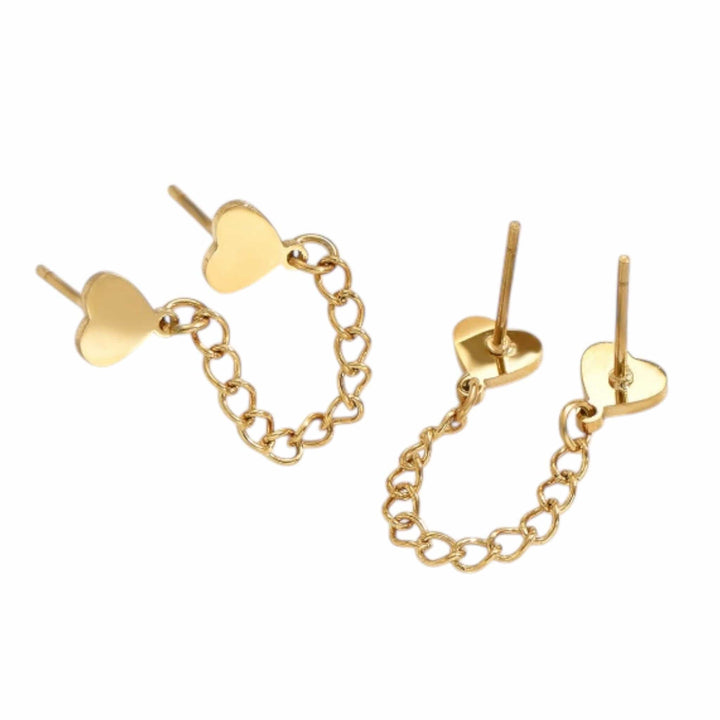 Gold Heart Double Piece Chain Lined Earrings