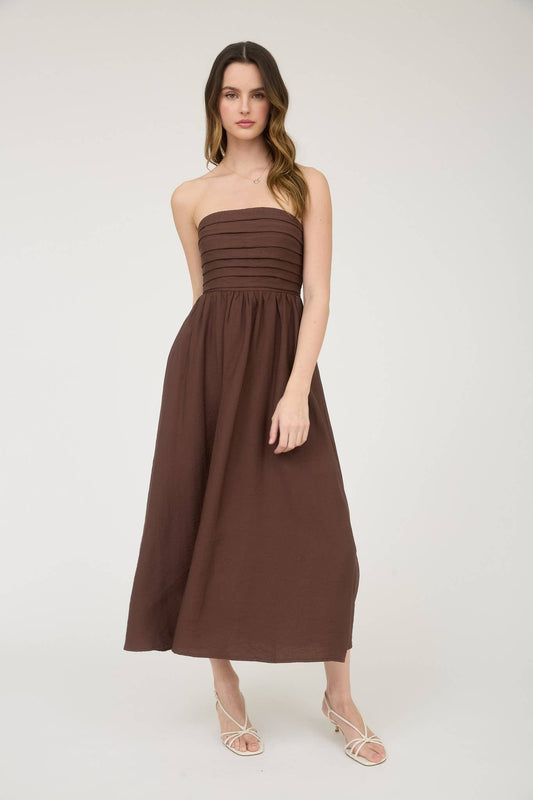 Brown Pleated Bodice Strapless Midi Dress
