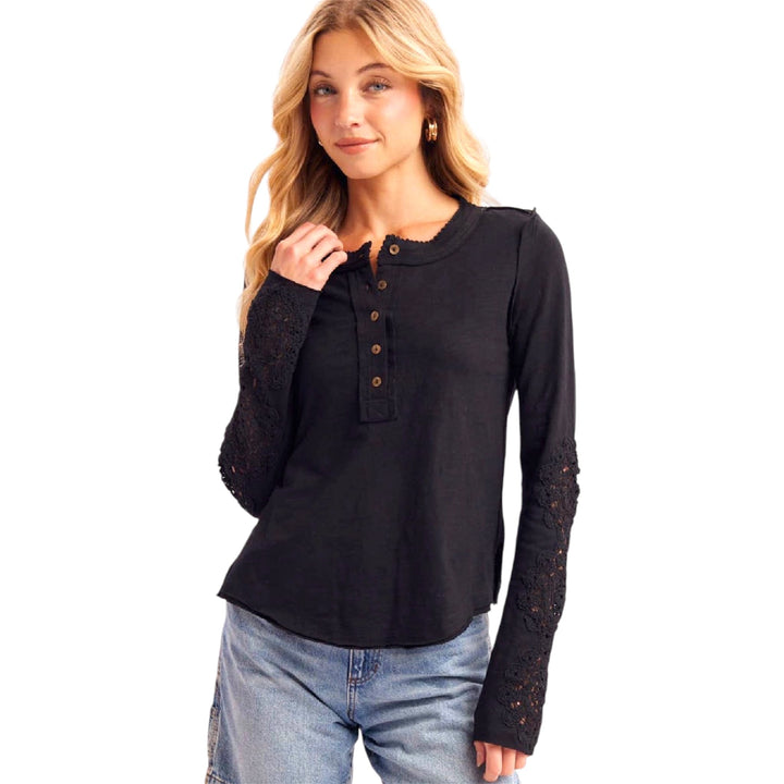 Black Henley with Crochet Sleeves