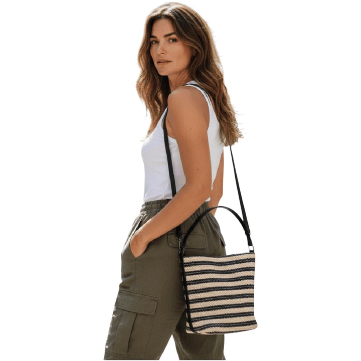 Raffia Shoulder Bag Beige and Black Striped
