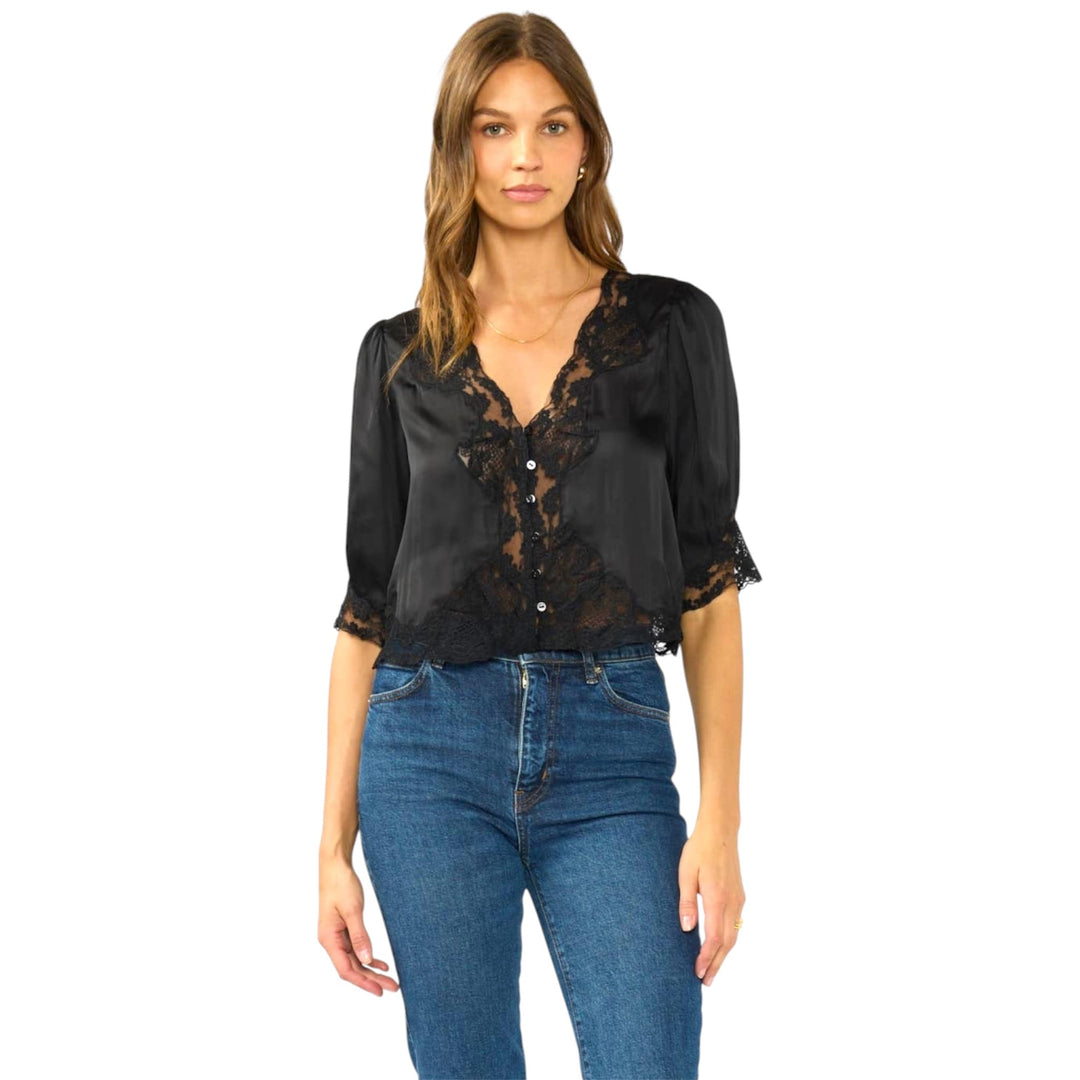 Black V-Neck Button Front Blouse with Lace Trim (PREORDER)