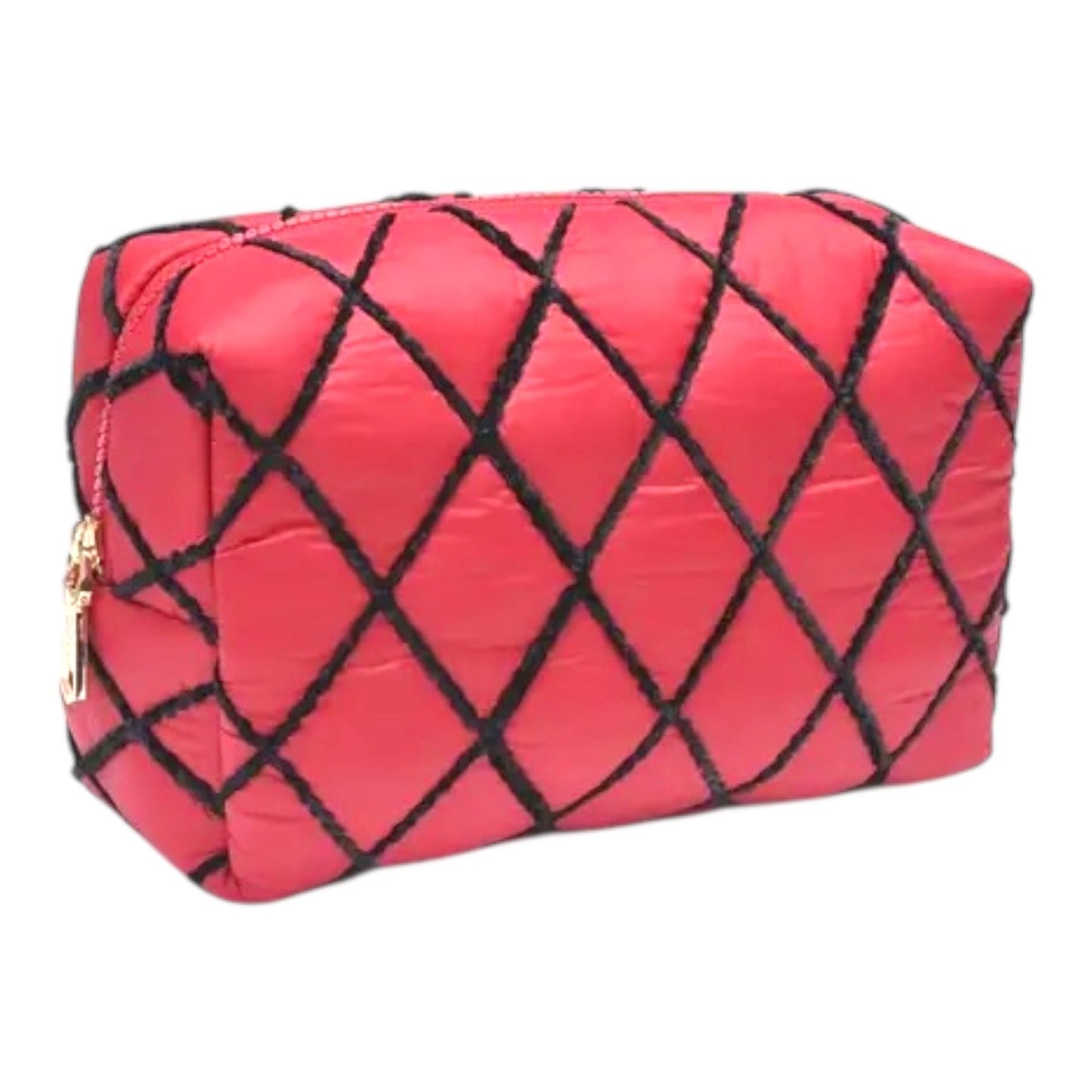 Red and Black Nylon Quilted Cosmetic Pouch