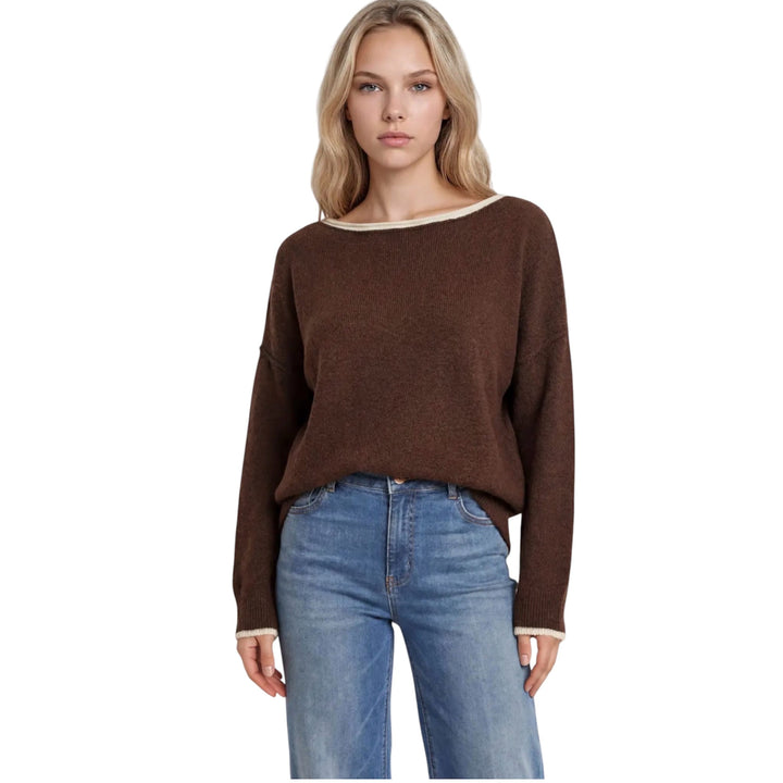 Brown Contrast Trim Off the Shoulder Sweater