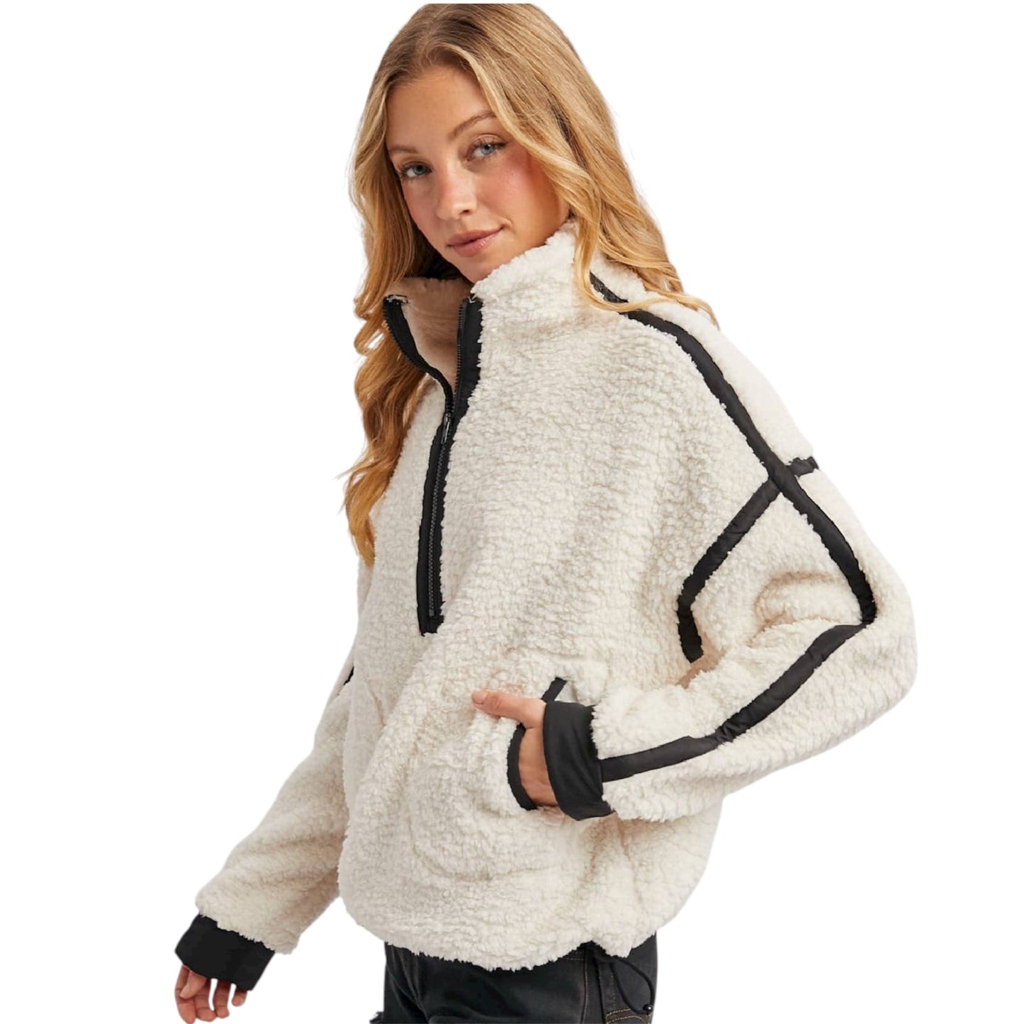 Ivory Half Zip Contrast Sherpa Fleece