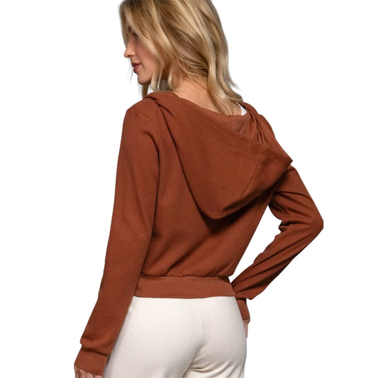 Long Sleeve Brown Waffle Zip Up Hoodie