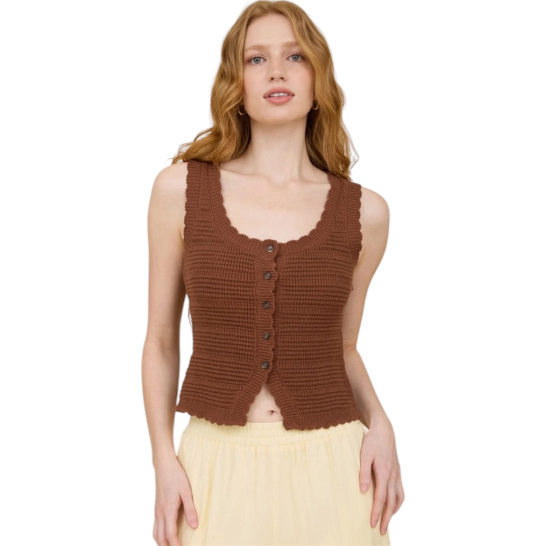 Brown Crochet Knit Button Down Scalloped Knit Vest