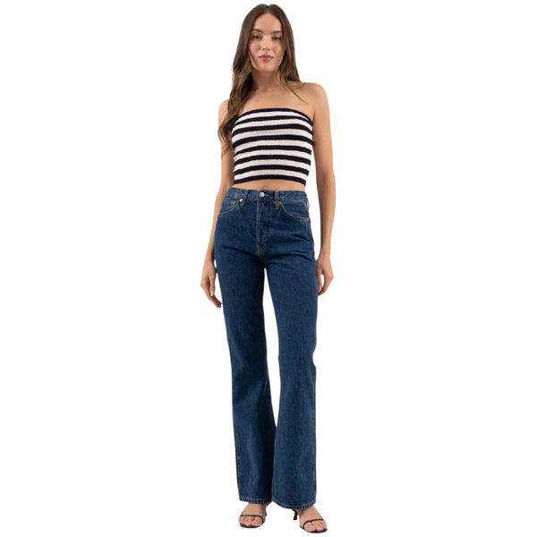 Stripe Strapless Sweater Knit Tube Top in Navy