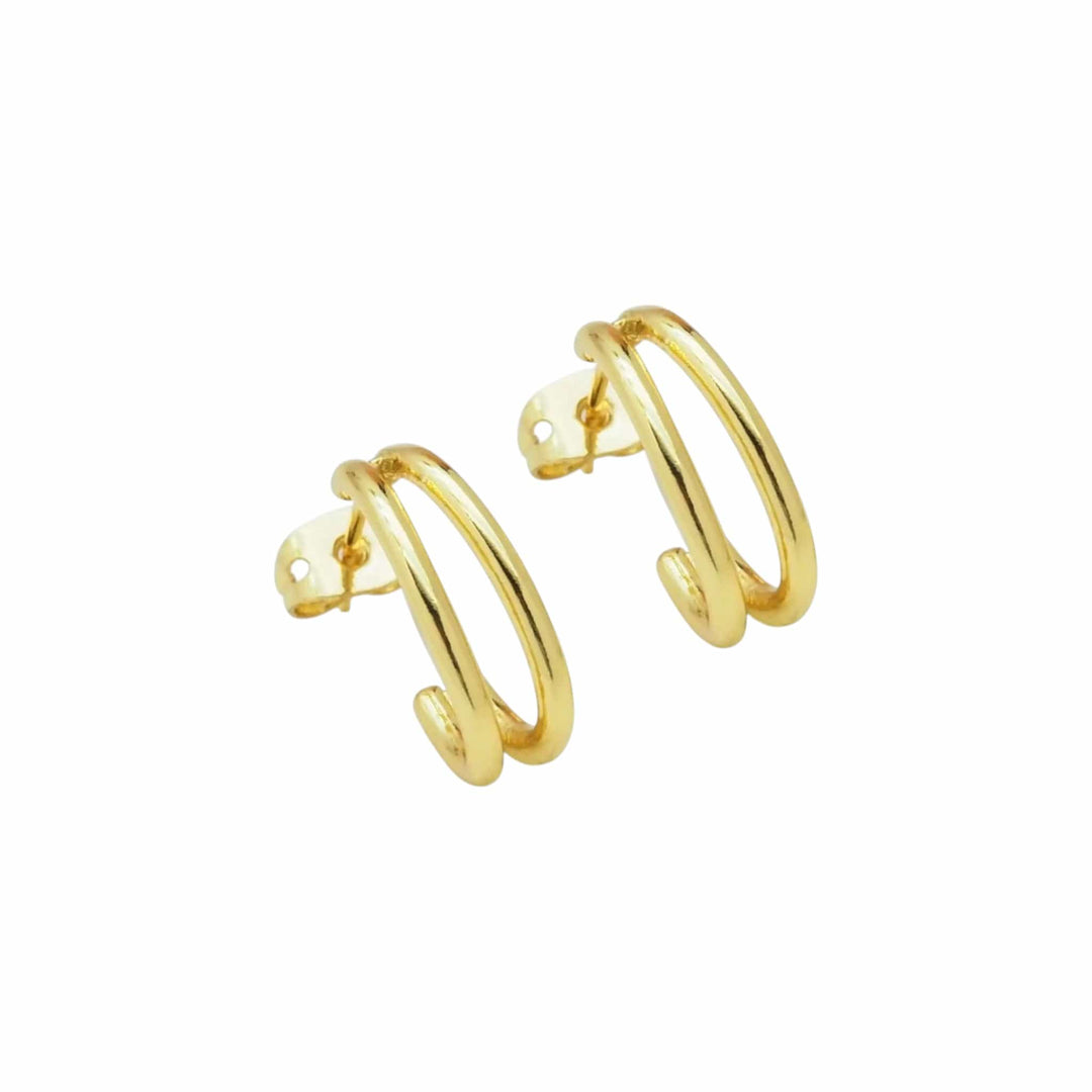 Gold Double line Oval Hoop Stud Earrings
