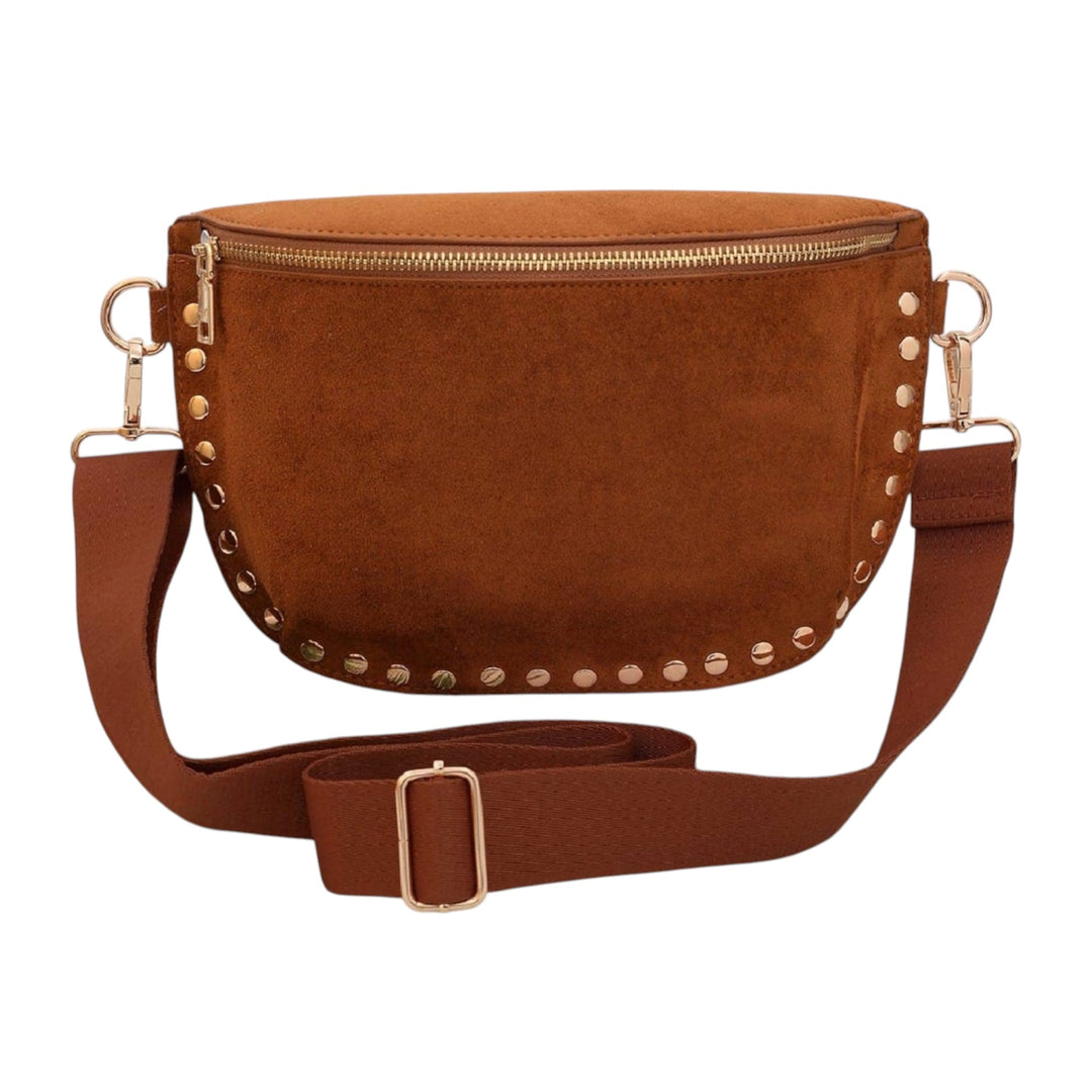 Dark Tan Suede Studded Crossbody Bag