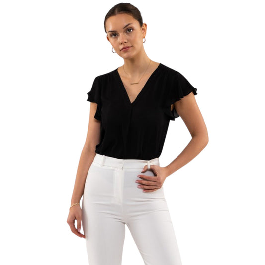 Black V Neckline Short Sleeve Blouse with Ruffles