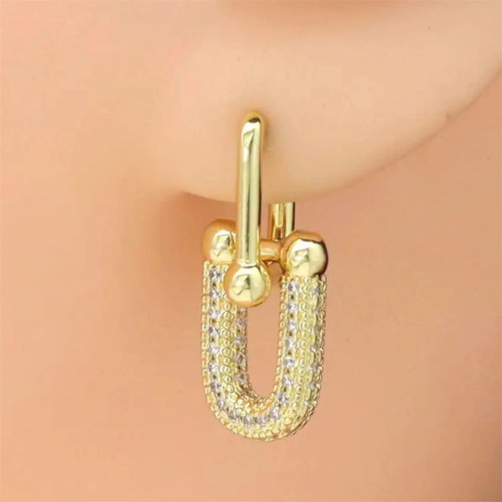 Gold CZ Gold U Oval Shape Hoop Earrings