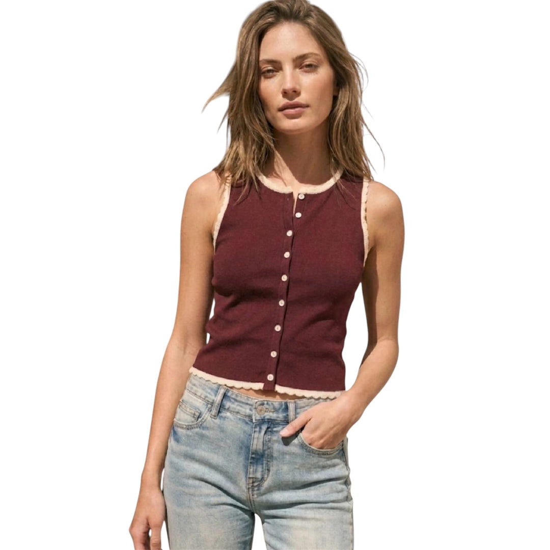 Burgundy Knit Sleeveless Cardigan with Cream Scallop Trim