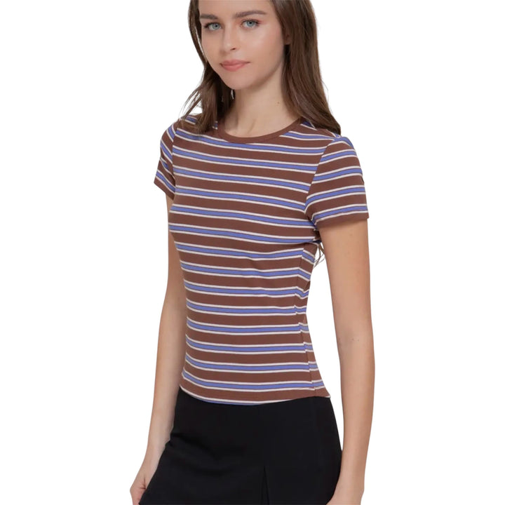 Brown and Blue Short Sleeve Multi-Striped Rib Knit Top