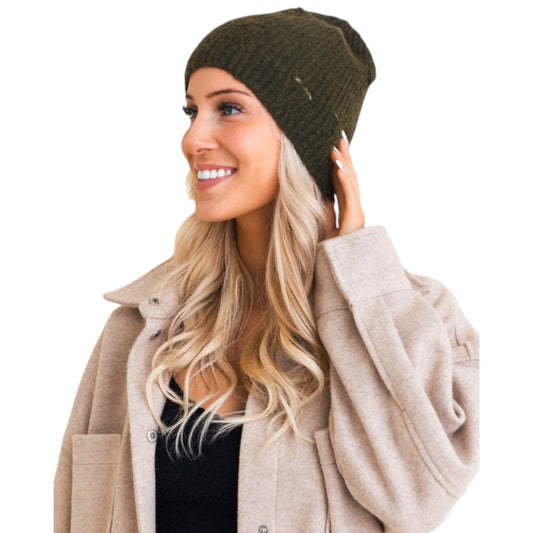 Distressed Knit Beanie - Brown and Olive Available