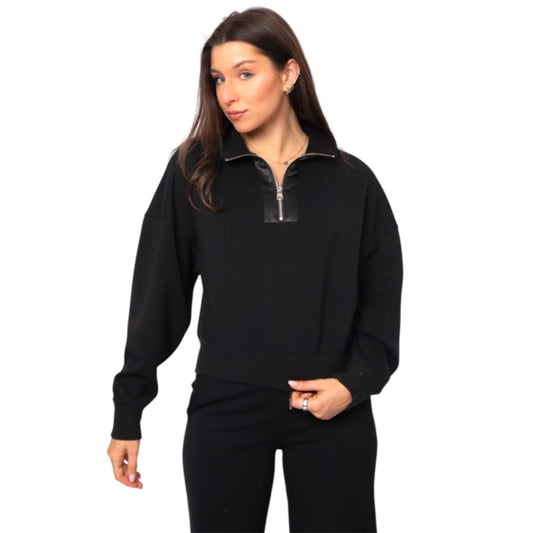 Soft Black Knit with Satin Trim Half Mock Zip Top