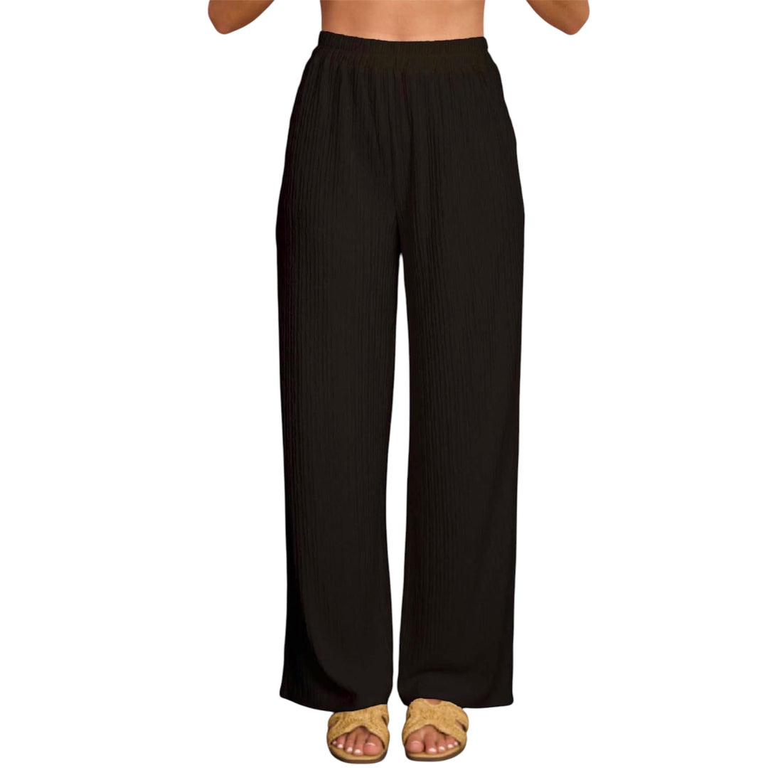 Black Textured Elastic Waist Pants