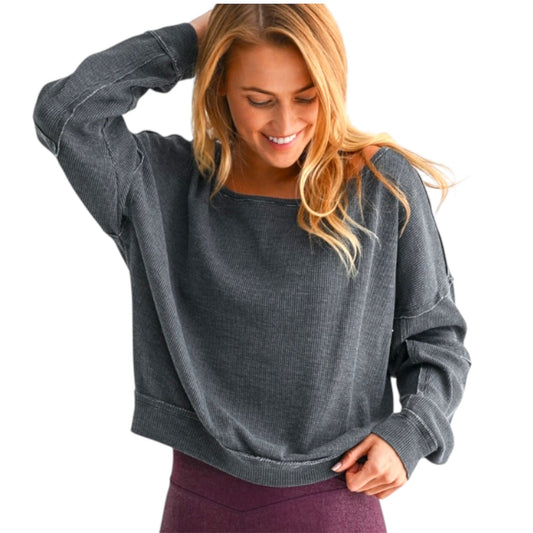 Raw Edge Waffle Off the Shoulder Black Pullover