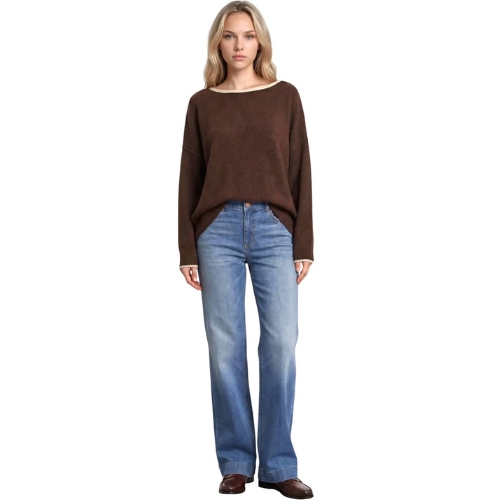 Brown Contrast Trim Off the Shoulder Sweater
