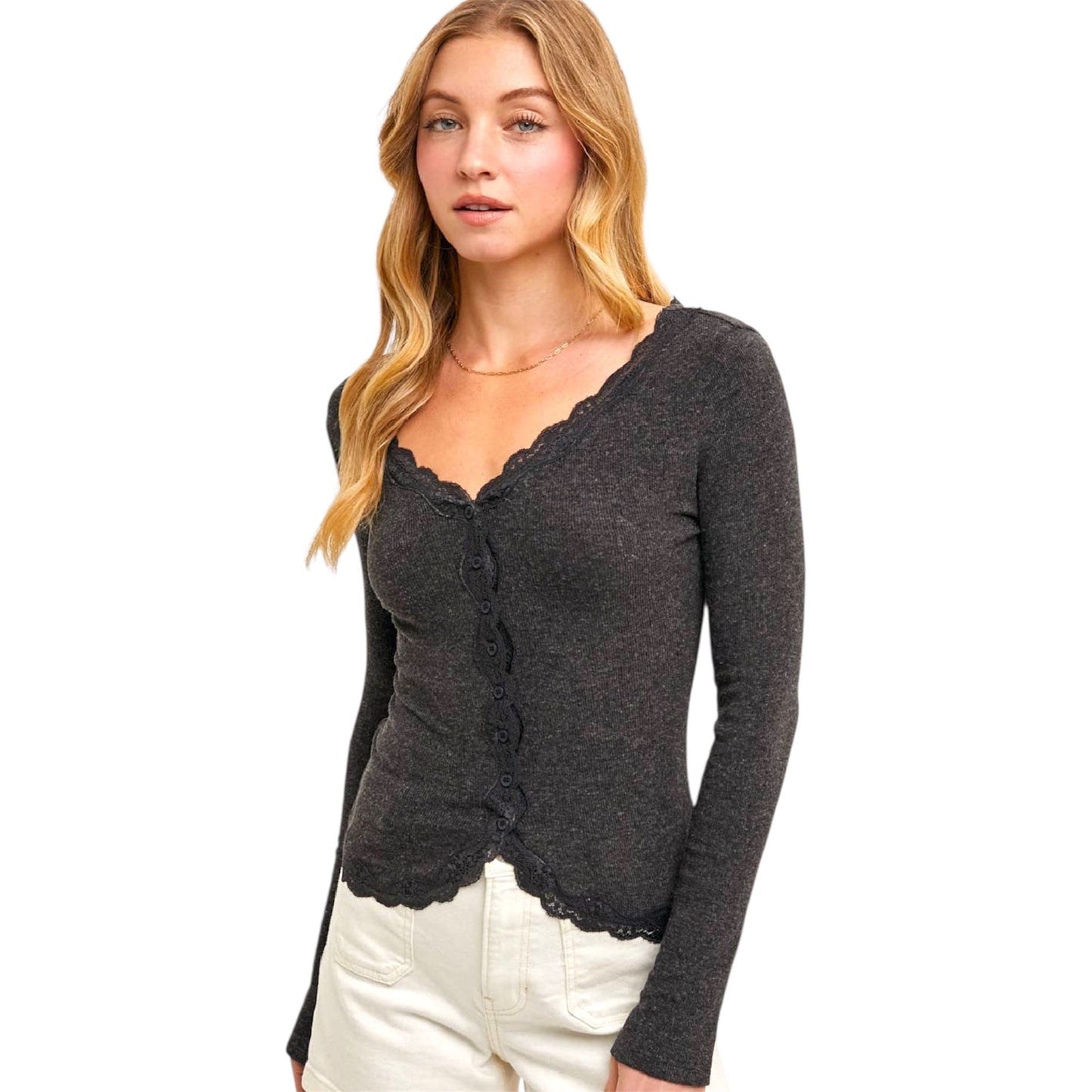 Charcoal Button Down Lace Trimmed Cardigan Top