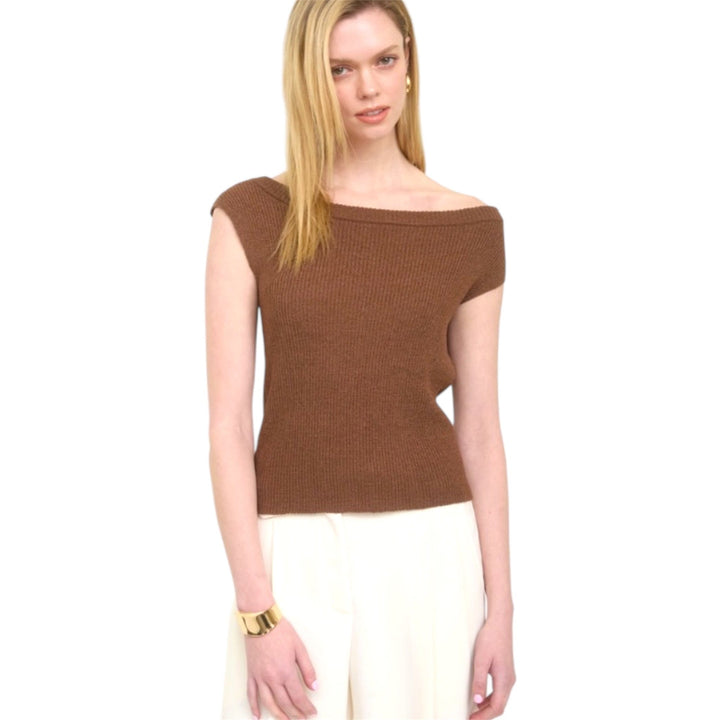 Brown Knit Off the Shoulder Relaxed Top