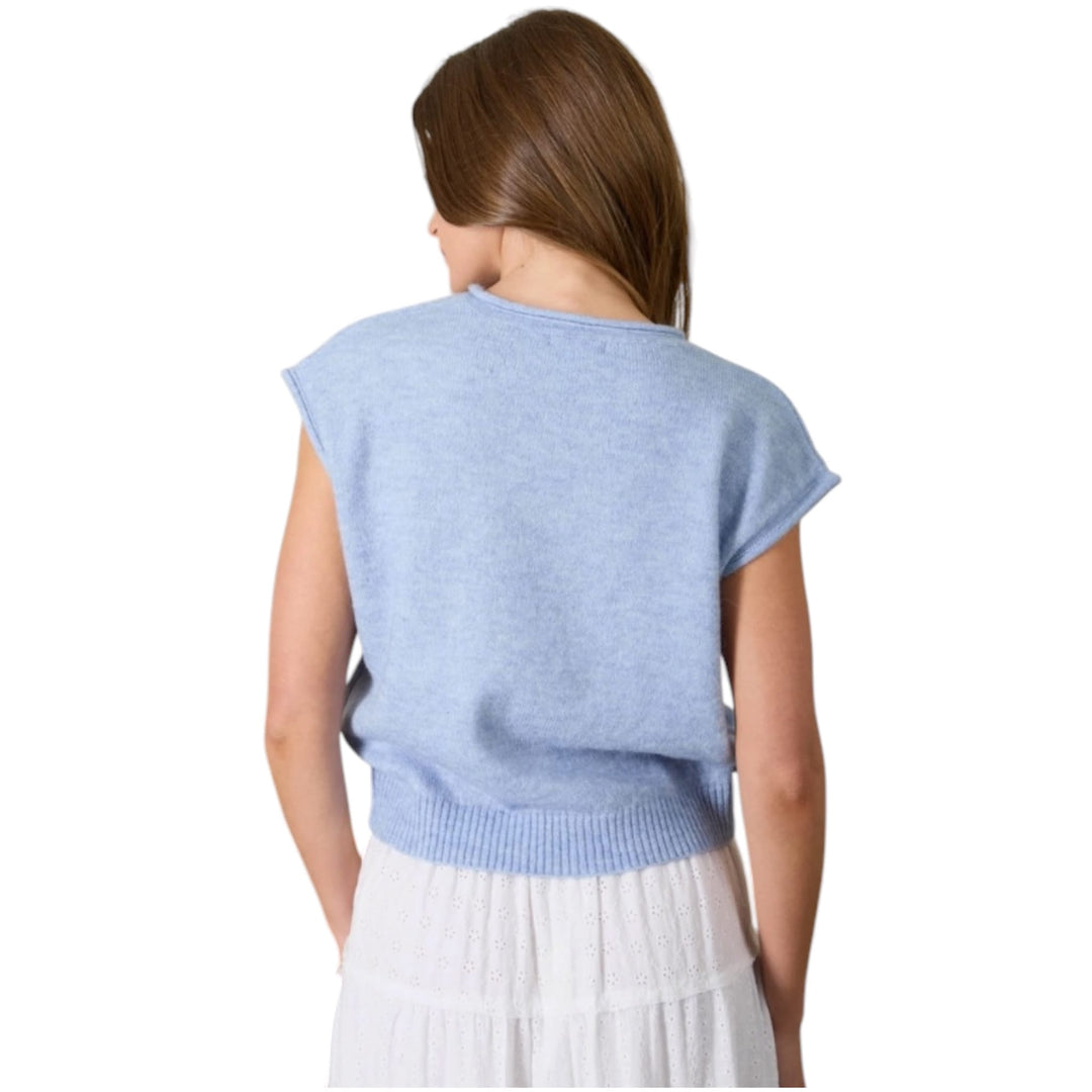 Raw Edge V Neck Sleeveless Knit Cardigan Sweater in Light Blue