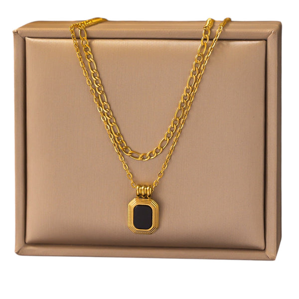 Gold Double Layered Necklace with Black Pendant