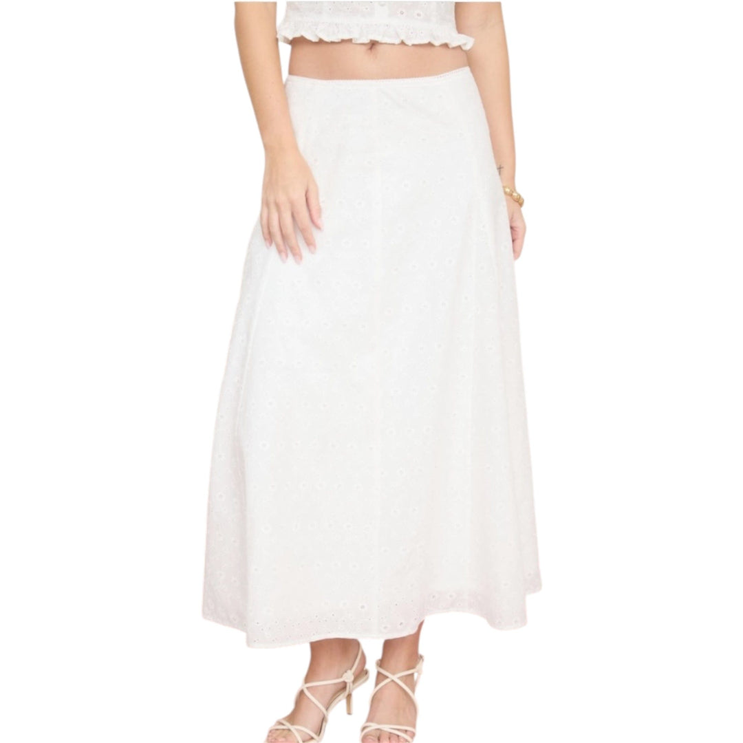 White Eyelet Pattern Midi Skirt