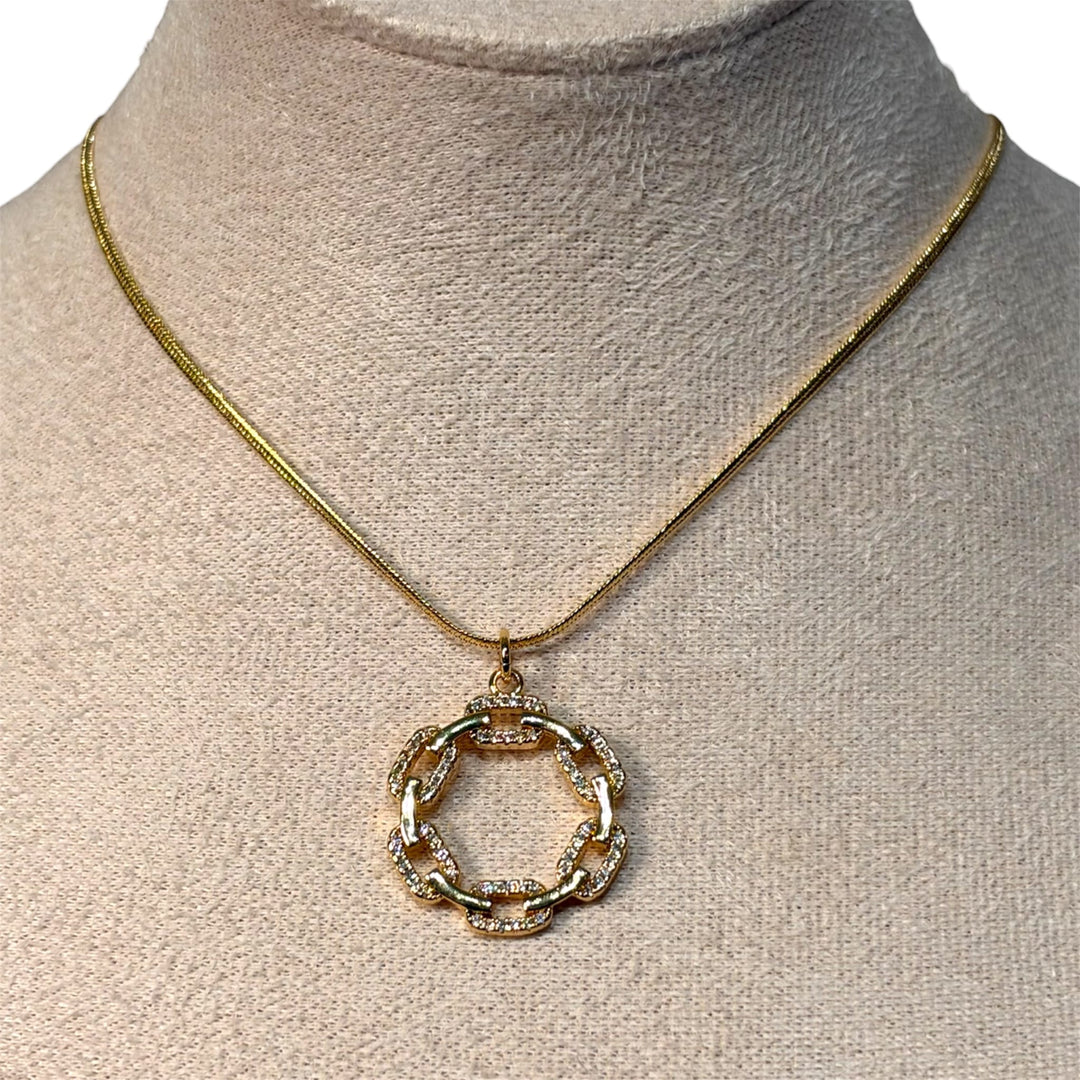 Gold CZ Micro Pave Round Pendant Necklace