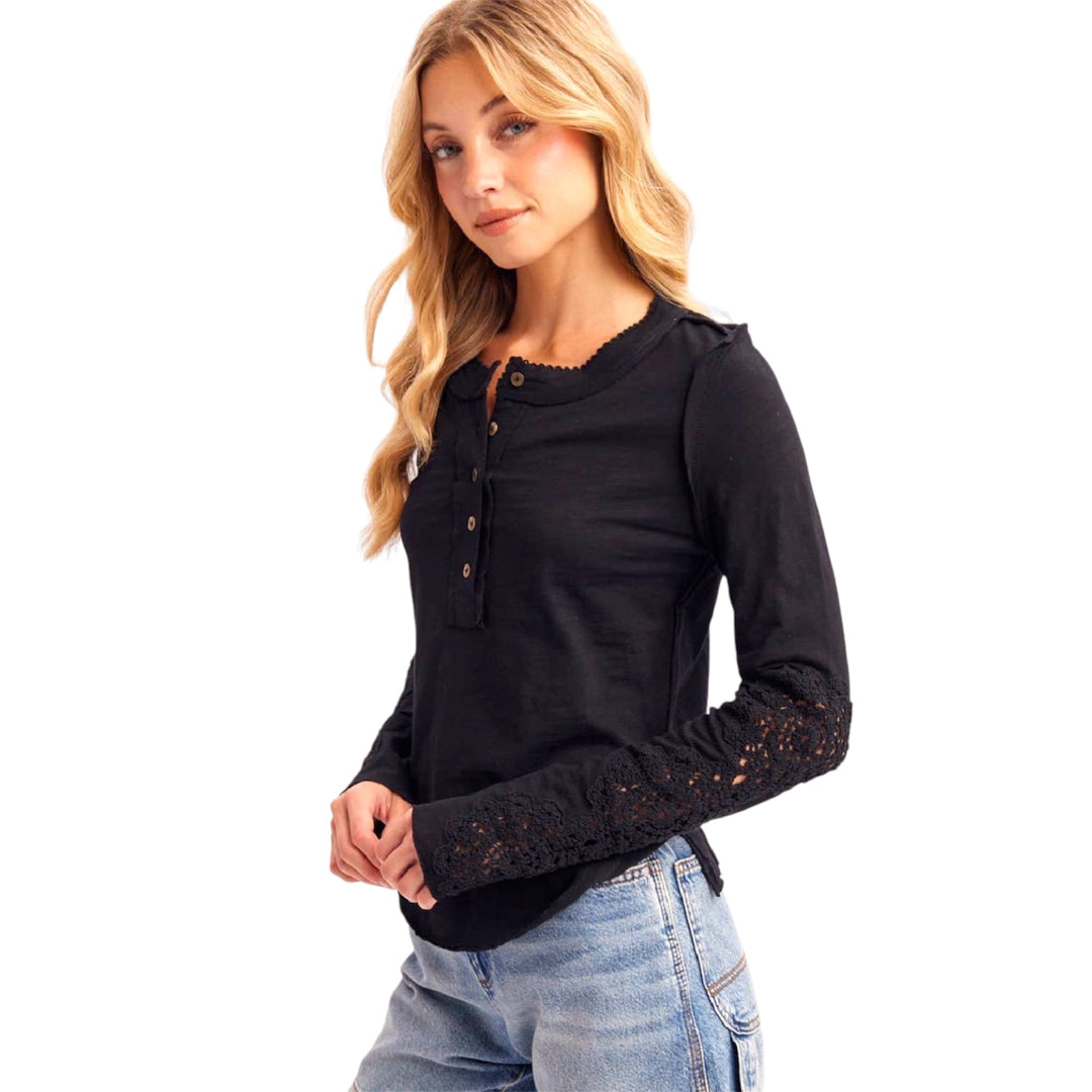 Black Henley with Crochet Sleeves
