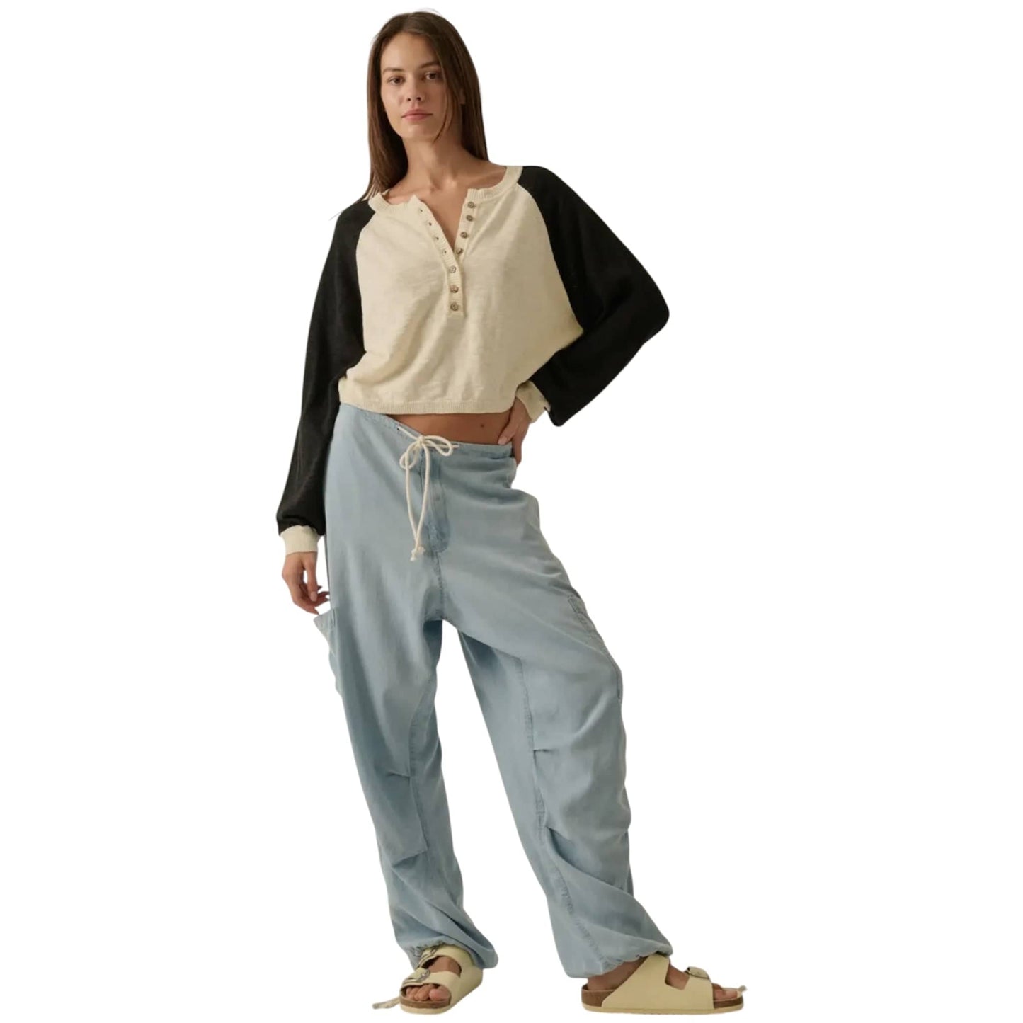 Color Block Slub Knit Henley Raglan Sleeve Sweater