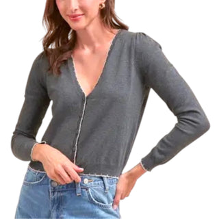 Charcoal Grey Contrast Scalloped Edge Cardigan Sweater