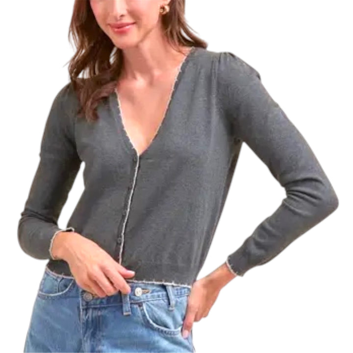 Charcoal Grey Contrast Scalloped Edge Cardigan Sweater