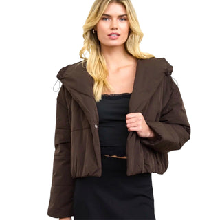 Brown Hooded Cropped Puffer Jacket