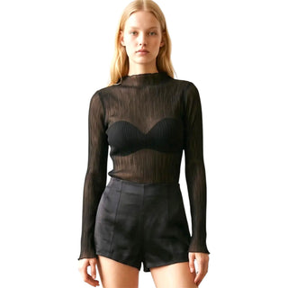 Black Chiffon Plisse Mock Neckline Long Sleeve Top