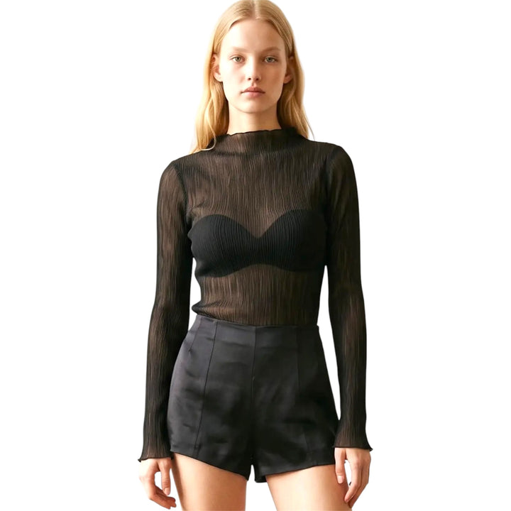 Black Chiffon Plisse Mock Neckline Long Sleeve Top
