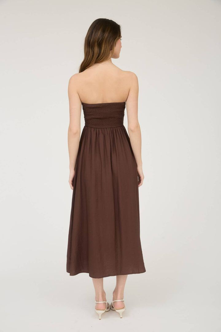 Brown Pleated Bodice Strapless Midi Dress
