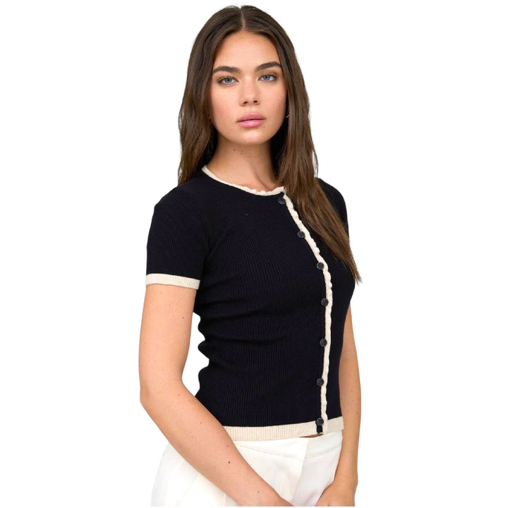Contrast Lettuce Trim Short Sleeve Knit Cardigan