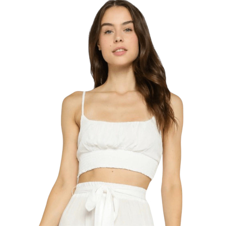 White cropped smocked tank top