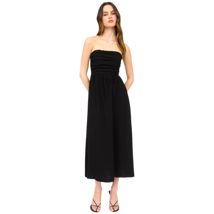 Black Pleated Bodice Strapless Midi Dress