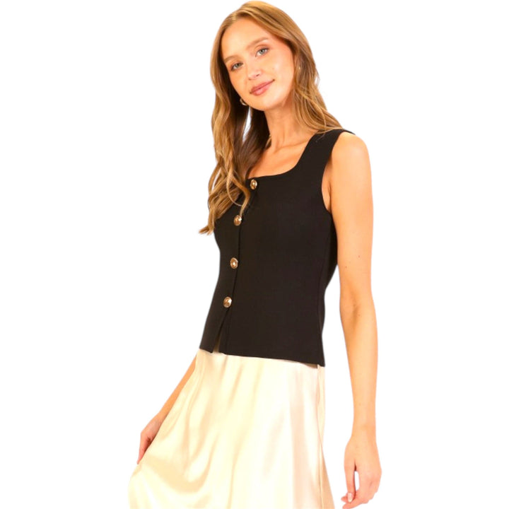Black Gold Button Front Knit Tank Top