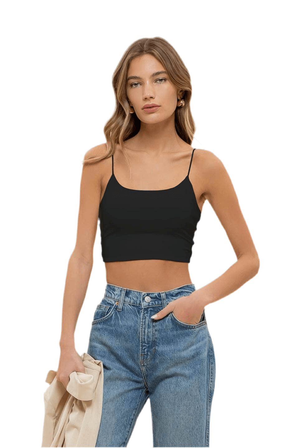 SEAMLESS CROPPED CAMI TOP: BLACK