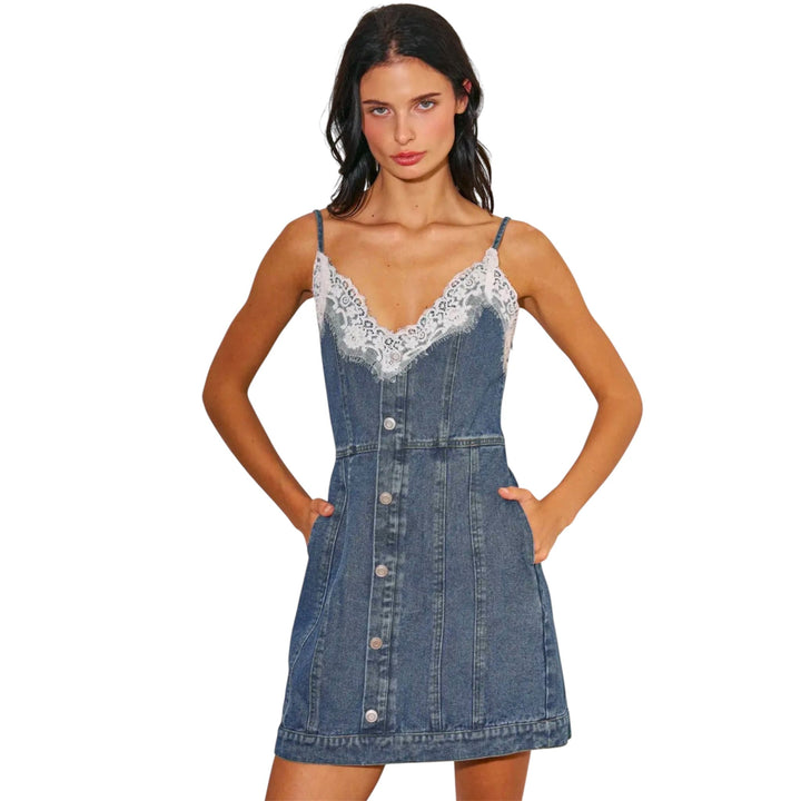 Denim Lace Trimmed Mini Dress