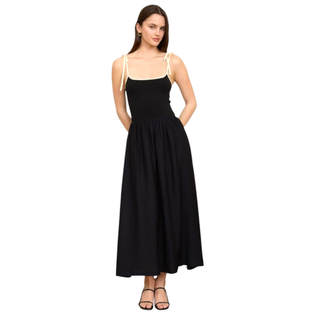 Contrast Tie Spaghetti Strap Mix Media Midi Dress