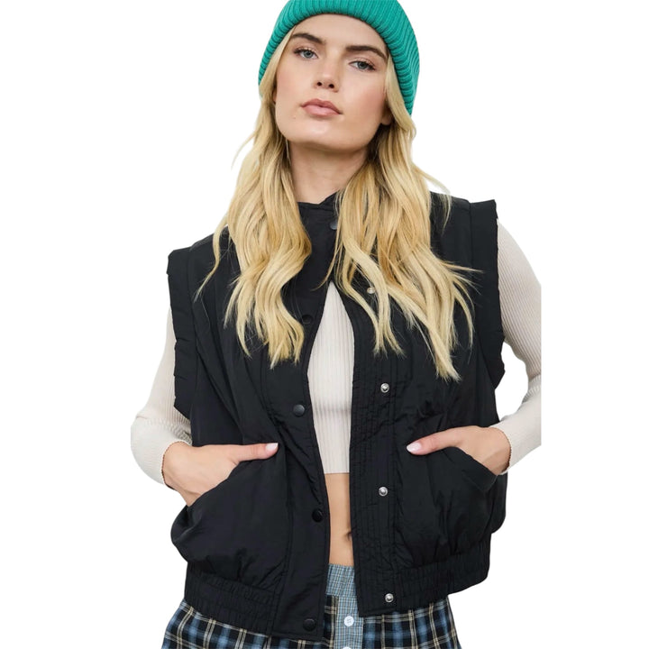 Black Cropped Mock Neck Snap Puffer Vest