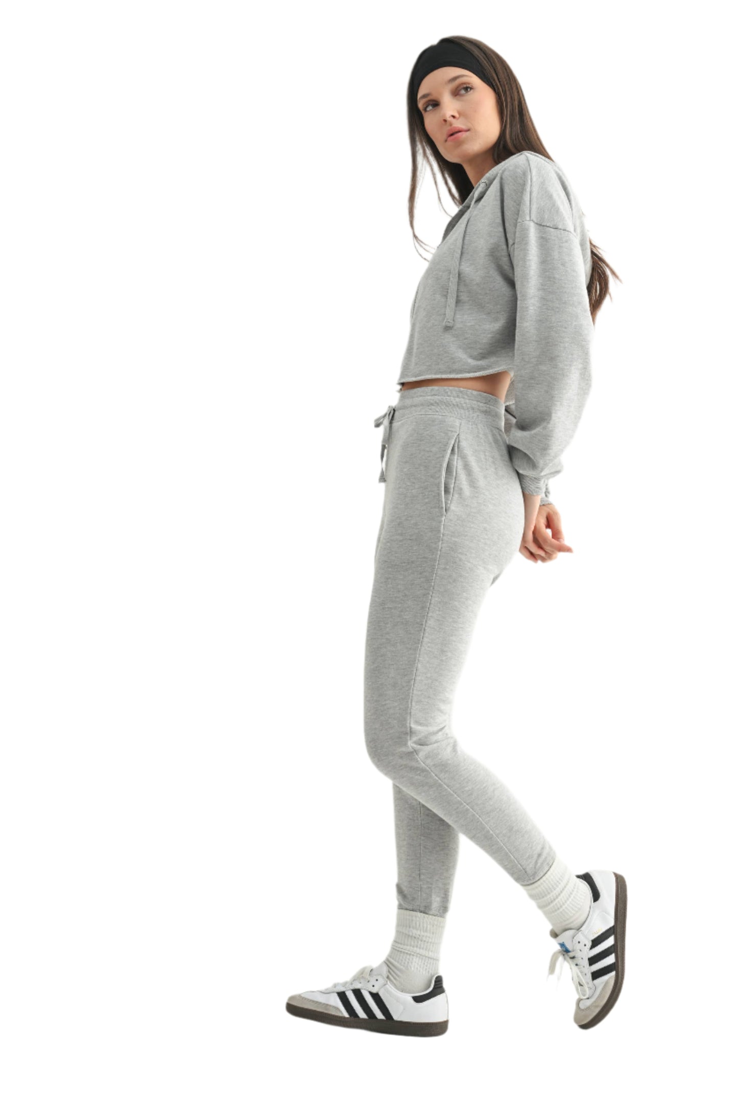 Grey Crop Hoodie Zip-Up French Terry Sweatshirt