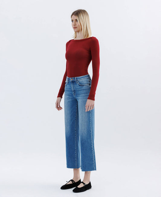 Mid-High Rise Comfort Stretch Raw Hem Crop Slim Wide Leg Jeans