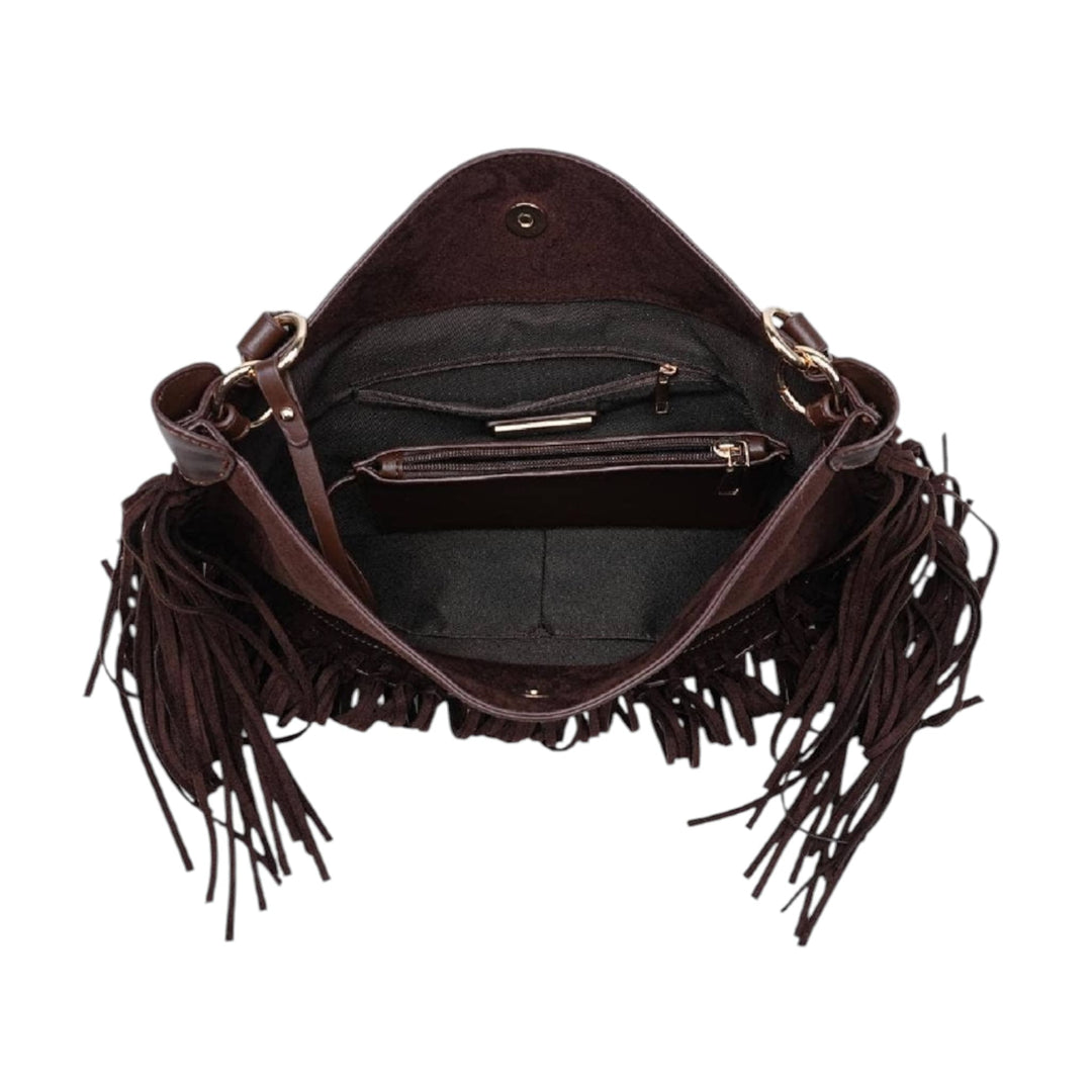 Brown Soft Textured Hobo Bag with Fringe