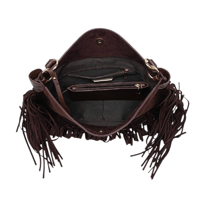 Brown Soft Textured Hobo Bag with Fringe